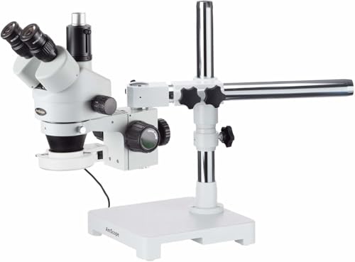 Image of AmScope SM-3TZ-54S Professional Trinocular Stereo Zoom Microscope, WH10x Eyepieces, 3.5X-90X Magnification, 0.7X-4.5X Zoom Objective, 54-Bulb LED Light, Single-Arm Boom Stand, 110V-240V, Includes 0.5X and 2.0X Barlow Lenses
