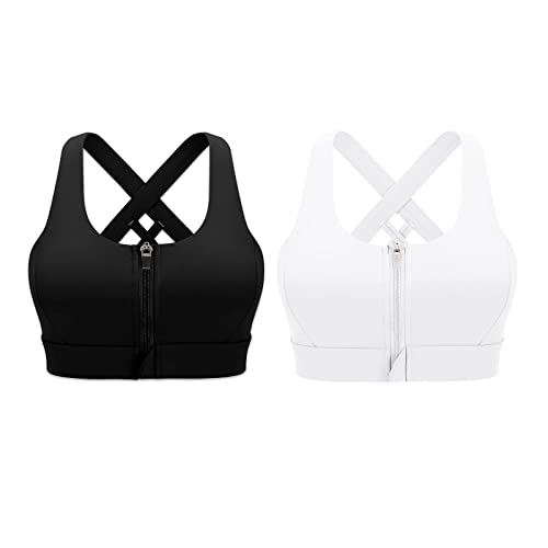 Image of Cordaw Zipper in Front Sports Bra High Impact Strappy Back Support Workout Top