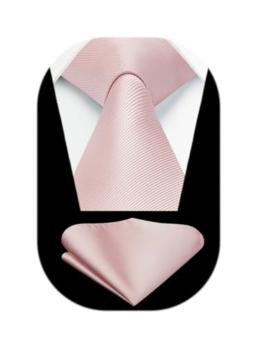 HISDERN Mens Ties Pink Ties for Men Blush Necktie with Pocket Square Set Formal Satin Silk Solid Pale Pink Tie Handkerchiefs Wedding Plain Pastel Neck Tie Set