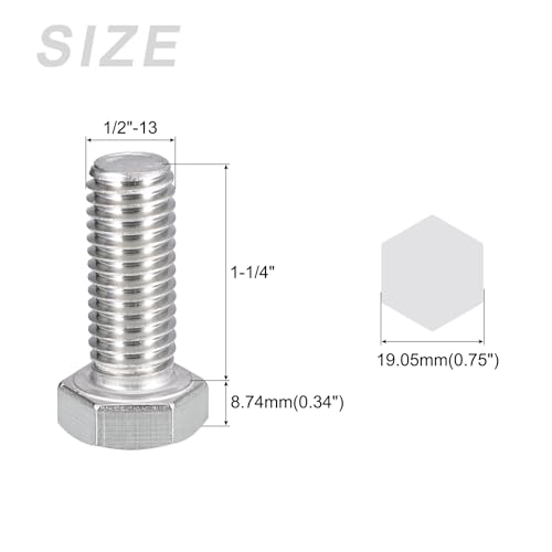 Image of METALLIXITY Hex Head Bolts (1 /2-13 x 1-1 /4 inch) 10Pcs, 304 Stainless Steel 18-8, Fully Threaded, External Hex Drive, Plain Finish, Hex Head Screw Bolt, Silver