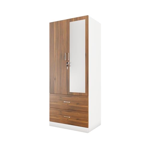 Image of VIKI Wardrobe | Wooden Almirah for Clothes,Door for Bedroom, 2 Door Wardrobe with Drawer, Mirror & Hanging Space (White & Walnut - 40D x 80W x 180H) | 1 Year Warranty | Free Assembly
