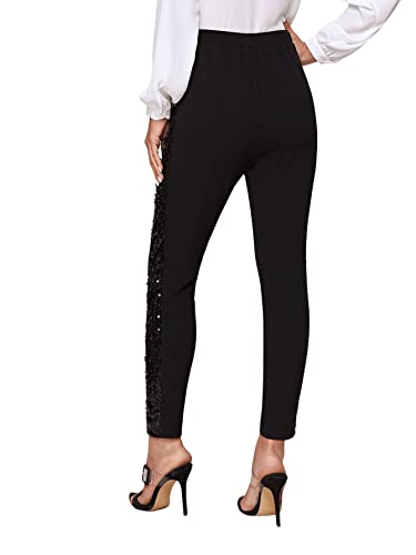SweatyRocks Women's Elegant High Elastic Waist Sequins Pants Solid Skinny Cropped Pants2