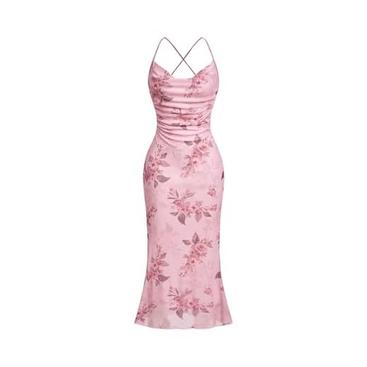 SOLY HUX Women's Floral Mesh Bodycon Cami Dress Cowl Neck Sleeveless Cocktail Party Wedding Guest Long Maxi Dresses Pink Floral X-Large