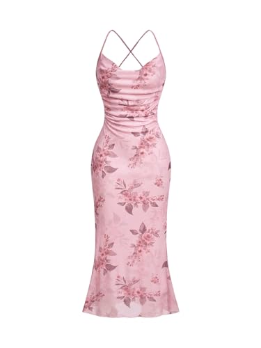 SOLY HUX Women's Floral Mesh Bodycon Cami Dress Cowl Neck Sleeveless Cocktail Party Wedding Guest Long Maxi Dresses Pink Floral X-Large
