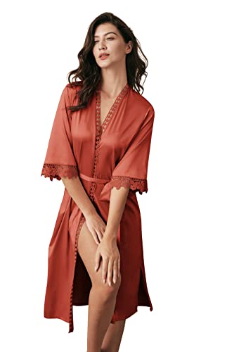 Aw Brdial Burnt Orange Silk Robes For Women Bride Robe For Wedding Day Long Bridesmaid Robes Satin Robe With Lace Trim Sleepwear, Burant Orange Xl #TOP24