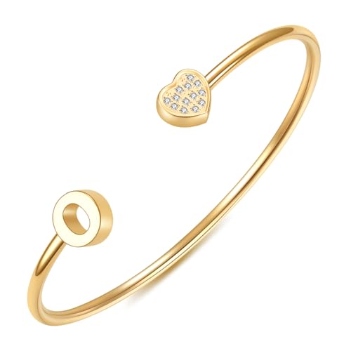 Image of VQYSKO Heart Initial Cuff Bracelets for Woman-CZ Stainless Steel Adjustable Open Bracelet Woman Jewellery,Birthday Gifts for Woman