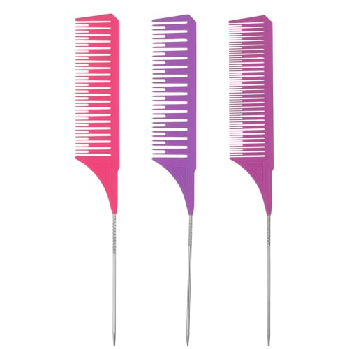 Lusofie 3Pack Highligh Comb, Weaving Combs for Highlighting, Hair Teasing Parting Comb with Long Stainless Steel Rat Tail for Hair Stylist Salon Barbershop Home(Pink, Purple, Light Purple)