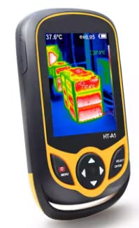 Angled view of the VIHELM HT-A1 thermal imager showing the screen with a thermal image and side profile.