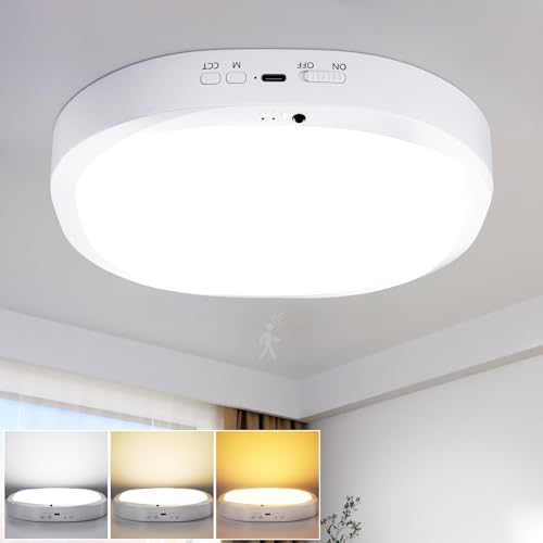 Lampe de Plafonnier LED avec Batterie 10000mAh, Détecteur de Mouvement, Plafond Rechargeable sans Fil, Télécommande et Minuterie,3 Températures de...