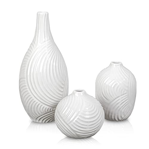 TERESA'S COLLECTIONS Vase Blanc en Céramique Moderne pour Fleurs, Lot de 3 Vases Décoratifs en Grès Émaillé pour Table de Mariage, Vase pour Pampa, Décoration de Chambre, Salon, Cheminée, 9/11/23 cm