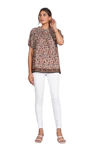 Top d'été femme à manches courtes : chemisier fluide et léger imprimé boho