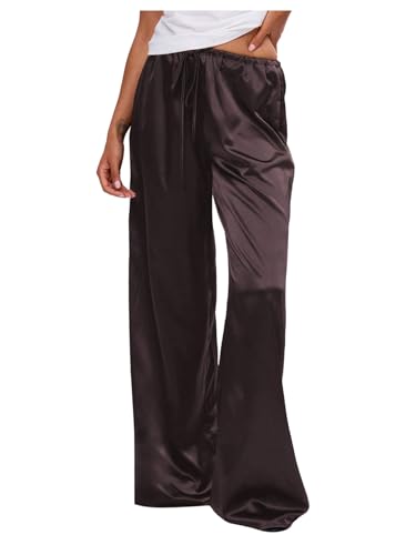 Image of MakeMeChic Women's Summer Satin Silk Pants Casual Flowy Pants Beach Vacation Wide Leg Pants