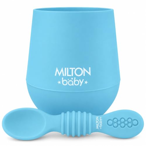 Image of MILTON baby Silicone Tumbler with Spoon I Baby & Toddler Training Cup & Spoon I BPA Free- 100% Food Grade I Weighted Base to Prevent Tip-Overs I Anti Slip Bottom I Gentle on Tender Gums I Light Blue