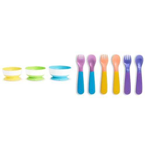 Image of Munchkin® Stay Put™ Suction Bowls for Babies and Toddlers, 3 Pack, Blue/Green/Yellow & ® ColorReveal™ Color Changing Toddler Forks and Spoons, 6 Pack