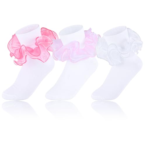Image of Women Ruffle Socks with 4-Layer Big Frilly Lace Turn Cuff Dress Socks Adult Soft Cotton Fancy Frilly Sock