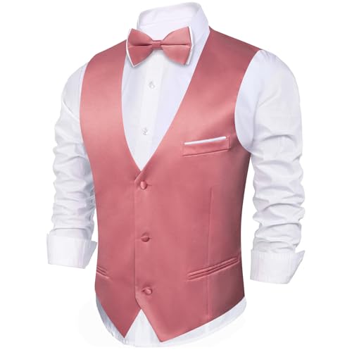 Image of Barry.Wang Mens Suit Vest Bow Tie Set 4PCS Formal V-neck Slim Fit Casual Solid Color Waistcoat Wedding Party Tuxedo