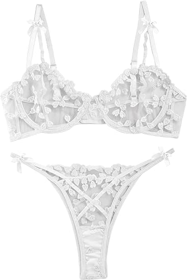BEINF Dessous Set für Damen Sexy Florale Bestickte Spitze Schiere Bügel BH und Panty Sets Push Up Strappy Dessous 2 Teiliges Weiß M