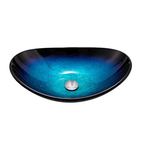 lavabo salle de bain, vasque salle de bain en verre trempé bleu, vasque à poser salle de bain ovale avec Bonde de Lavabo Pop Up et accessoires