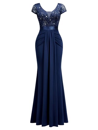Image of Miusol Women's Deep V-Neck Lace Sequin Pleated Evening Formal Maxi Dress
