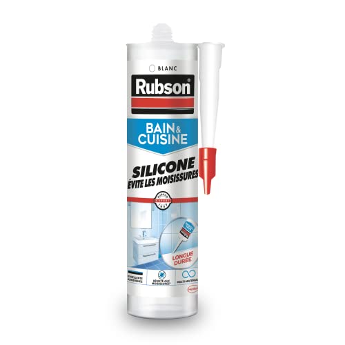 Rubson Mastic Bain & Cuisine Pure Silicone Anti-Moisissures Blanc, mastic sanitaire à base de silicone, mastic étanche renforcé en antifongique, 280 ml