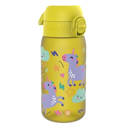 ION8 Butelka dla Dzieci, 350 ml/12 oz, Szczelna, Łatwa do Otwarcia, Bezpieczny Zamek, Można Myć w Zmywarce, Bez BPA, Uchwyt do Przenoszenia, Łatwa do Czyszczenia, Bezwonny, Żółte Jednorożce