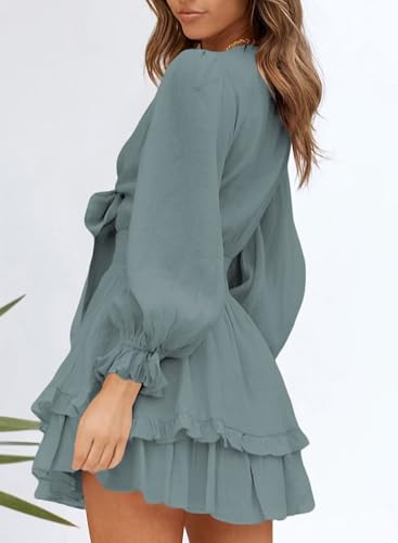 Image of Dokotoo Womens Casual Spring Fall 2025 Deep V Neck Knotted Tiered Chiffon Elegant Mini Short Swing Skater Dresses