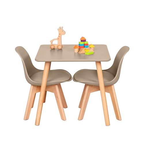 EGGREE Kindertisch mit 2 Stühlen, FSC Buchenholz, 1–6 Jahre, Khaki