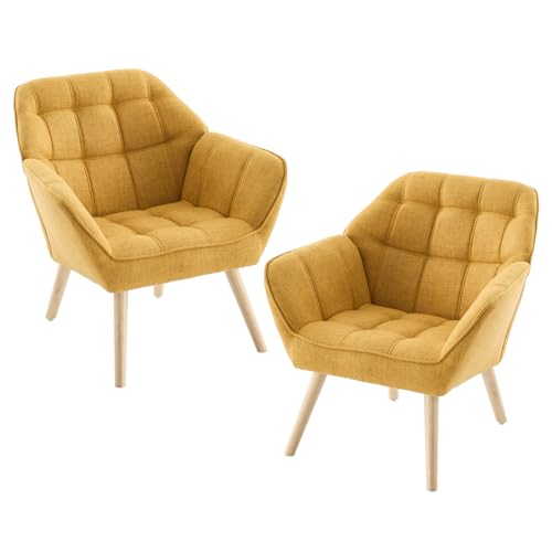 chairus Fauteuil Scandinave de Salon avec Pieds en Bois Chaise de Chambre Capitonné en Lin Fauteuil Relax Moderne, Jaune-2