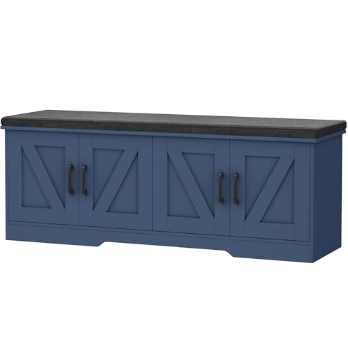 Image of HOMSHO Farmhouse Shoe Storage Bench with 4 Barn Doors & Padded Seat Cushion | 47.2 inch Wide Entryway Bench with Adjustable Shelves & Hidden Storage, Blue