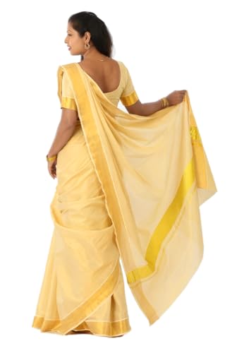 Image of Kerala Traditional Tissue Saree for Women with Running Blouse | South Indian Ethnic Saree for Weddings Onam Vishu Temple Wear & Festivals
