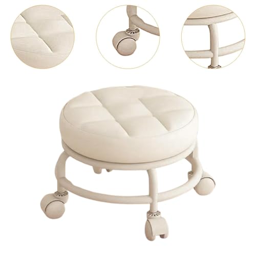 Image of CALANDIS Low Rolling Stool Round Low Height Low Roller Seat for Office Porch Playroom White | Ottomans, Footstools & Poufs | Furniture