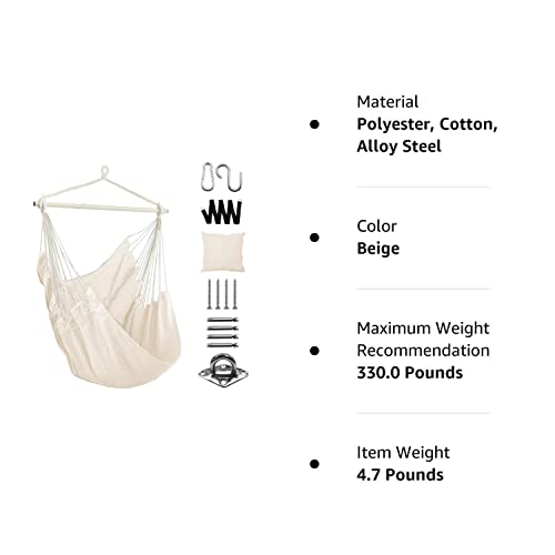 Dekool Hammock Chair Hanging Rope Swing, Detachable Steel Support Bar, Max 330 Lbs, Soft Durable Cotton Canvas, 1 Cushion And Hanging Hardware Included, For Indoor Outdoor, Beige #TOP7