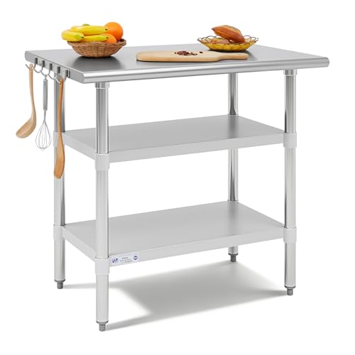Hally 24 x 36 Inch Stainless Steel Prep Table, NSF Certified Commercial Kitchen Work Table with 2 Adjustable Undershelves and Removable Hook, Heavy Duty Utility Table for Restaurant Home Garage