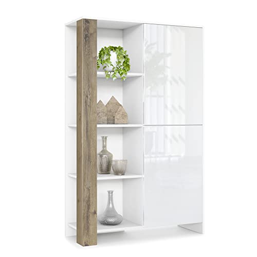 Vladon Canto Highboard Weiß Hochglanz Eiche Ribbeck