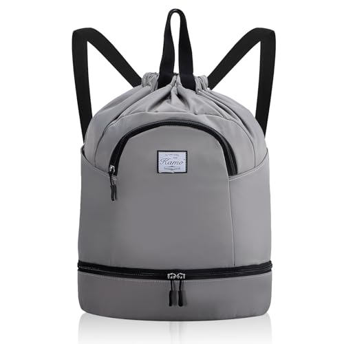 Image of Kamo Drawstring Backpack Bag - Sport Swimming Yoga Backpack with Shoe Compartment, Two Water Bottle Holder for Men Women Large String Backpack Athletic Sackpack for Travel