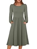 ANRABESS Women Long Sleeve Midi Dress Crewneck 2025 Fall Fashion Casual Flowy A-Line Long Dresses Vacation Outfit with Pocket Army Green L