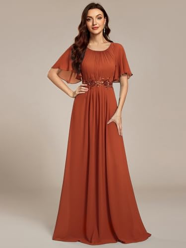 Image of Ever-Pretty Women's Classic Round Neck Pleated Short Sleeves Chiffon Appliques Floor Length A Line Formal Evening Dresses
