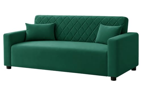 Image of Rosebell 3 Seater Wooden Sofa for Living Room, Modern Fabric Upholstered Sofa with Quilted Backrest, Cushioned Seating, Padded Armrests & Sturdy Wooden Frame - Green