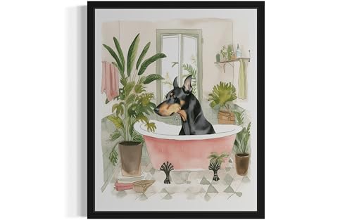 Image of Dobermann in Bathtub Black Framed Wall Art Poster Print, Animal Bathtub Restroom Wall Art Painting for Bathroom Decor Gallery Gallery 30 (Dobermann in Bathtub, 10 inch L x 8 inch W, Black Frame)