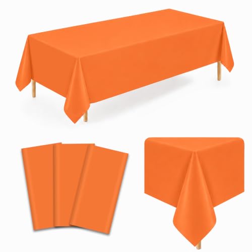 Image of WNINK 3 Pack Orange Plastic Tablecloths, 54 x 108 Inch Disposable Covers | Ideal for Halloween, Thanksgiving, Birthdays and Fall Parties, Helping Protect Tabletops from Spills and Simplify Cleanup