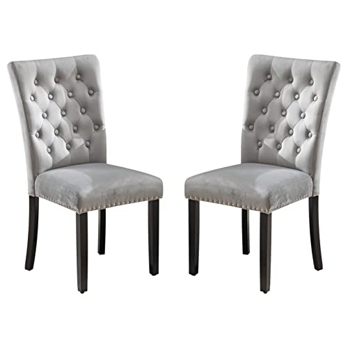 Restworld Velvet Fabric Dining Chair Set of 2 with Button & Nailhead Decoration, Tufted Upholstered Chair for Bedroom & Dining Room, Modern Luxury Style Solid Wood Legs (Grey)