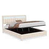 KatFash Lit Plateforme Baroque en Cuir Blanc, Tête de Lit Capitonnée, LED Intégrées, Style Royal, Grand Lit