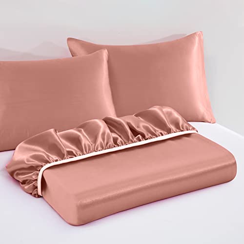 Vacvelt 3Pcs Extra Deep Pocket Satin Fitted Sheet Set Queen Bed Set, Rose Gold Bottom Sheet Fit 18-24 Inch Deep Pocket Mattress, Silky Bedding Set Soft & Ultra Deep Fitted Sheet & 2 Pillowcase #TOP2