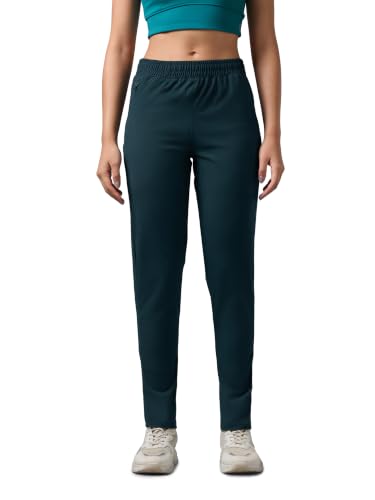 Image of TECHNOSPORT Women's Solid Straight Fit Track Pants with 4-Way Stretch, Moisture-Wicking Fabric, Mid-Rise Drawstring Waist & Pockets for Gym, Running, Workout and Everyday Athleisure