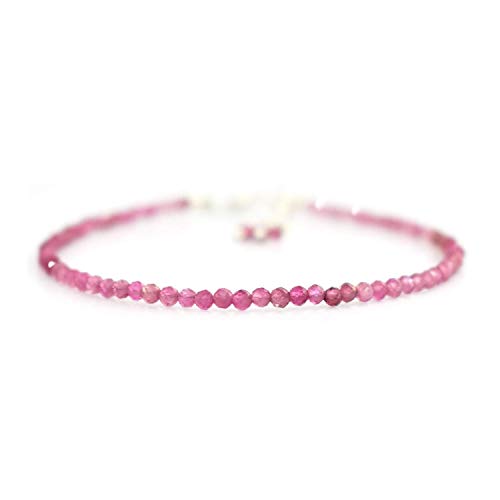 Gempires Natural Pink Tourmaline Beads Bracelet, 2.4-2.5 mm Round Beads With 7 + 1 Inch Adjustable Chain (Pink Tourmaline)