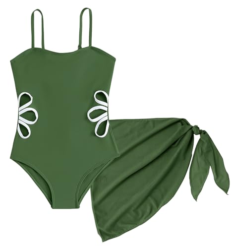 Image of SEAUR Girls Cut Out One Piece Swimsuit with Cover Up Skirt Bathing Suit Swimwear 7-16 Years