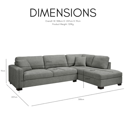 Home Detail Large Corner Sofa, Left or Right Hand Corner Sofa, Couch in Upholstered Teddy Jumbo Cord or Chenille Fabric, L Shaped Sofas with Optional Footstool (Grey Chenille, Right Hand Facing) - Image 2