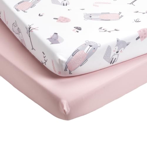Image of TILLYOU Mini Crib Fitted Sheets - Soft Knit Sheet for Pack N Play, Microfiber Mini Crib Sheets, 38 x 24 Playpen Bedding Sheet for Baby 2 Pack, Machine Washable, Playful Animals