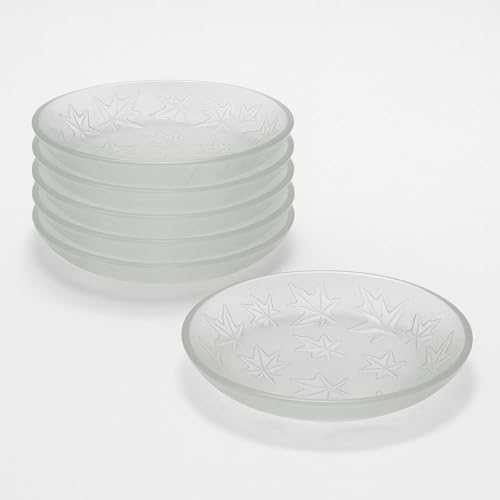 Image of Glassbunny 5.5 Inch Round Dessert Plate Clear Glass Serving Plate with Embossed Maple Leaf Design, Textured Frosted Finish 260ml Elegant Round Dish for Serving Snacks, Desserts, Fruits Pack of 6