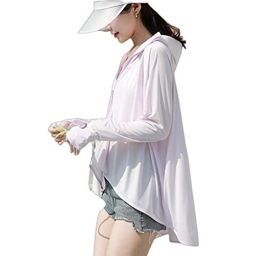 Damen-Sonnenschutz-Kühljacke - Upf 50+ Gesichtsbedeckung Leichtes Top-Shirt Mit Durchgehendem Reißverschluss Und Taschen, Langarm-Halsmanschette Sommer-Outdoor-Hoodie-Kleidung,Helllila,Einheits